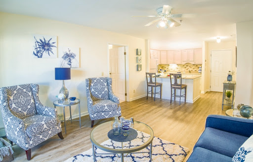 A stylish and modern living room featuring blue accents and an open-concept design that seamlessly connects to the kitchen.