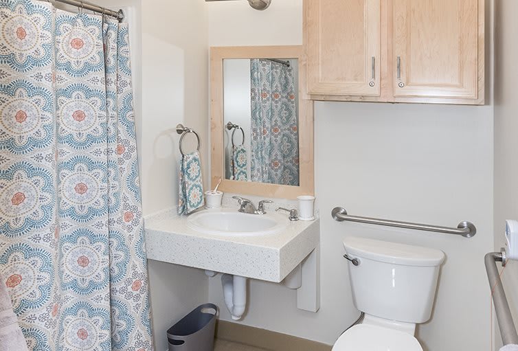 A clean and organized bathroom with a modern design, featuring a sink, toilet, mirror, and floral shower curtain.