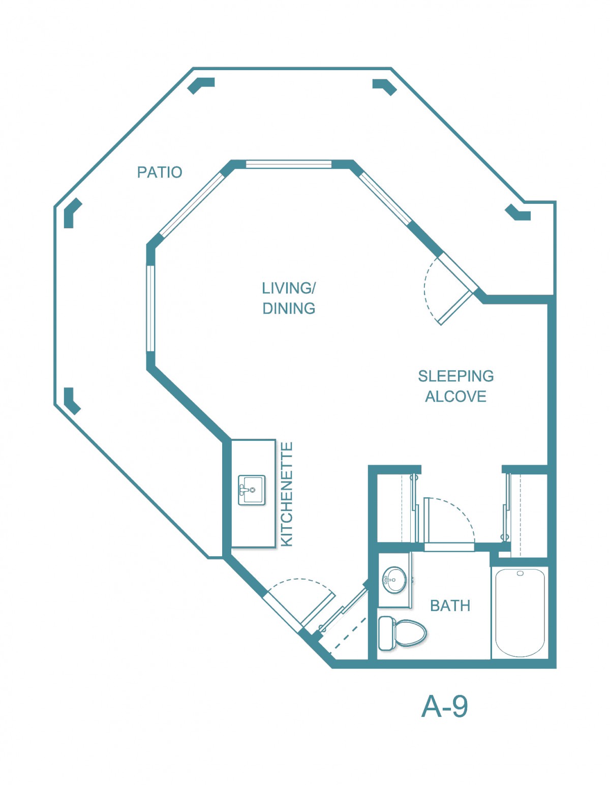 Studio apartment floor plan with living area, sleeping alcove, kitchenette, and bath.