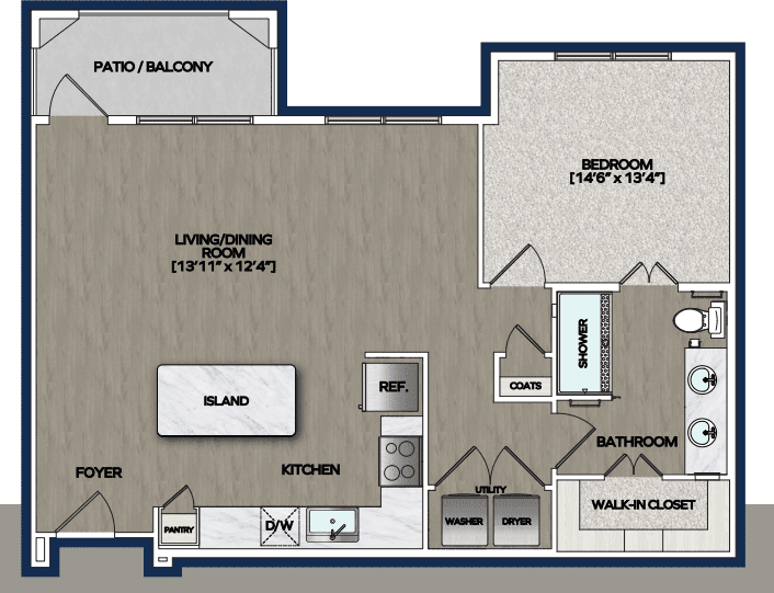 A floor plan of a one-bedroom apartment featuring a living room, kitchen with an island, bathroom, and balcony.