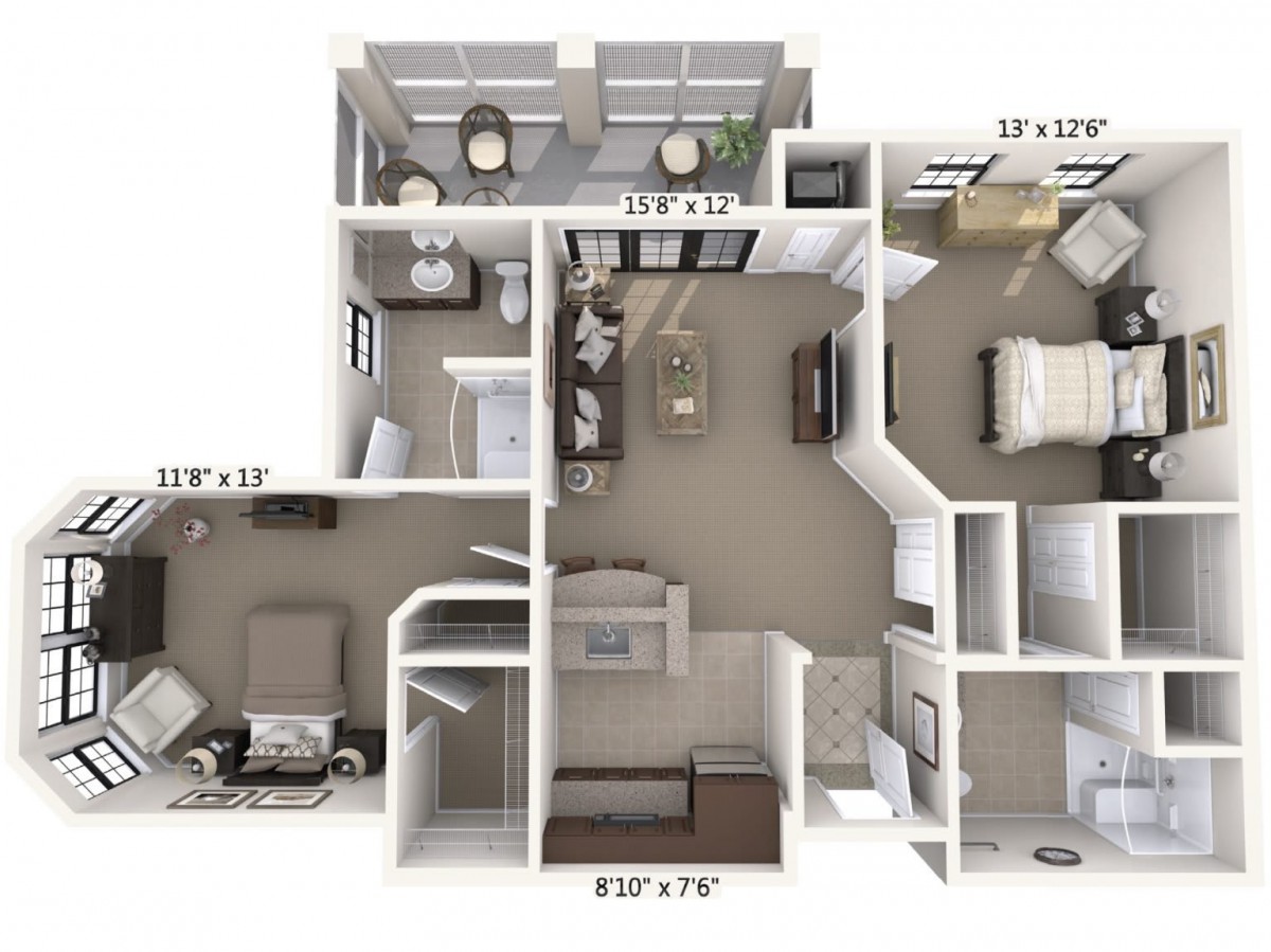 A detailed floor plan of a two-bedroom apartment with labeled dimensions.