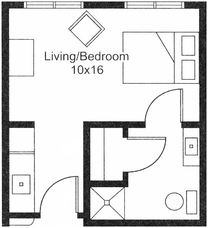A floor plan of a 10x16 living/bedroom studio apartment with basic amenities.