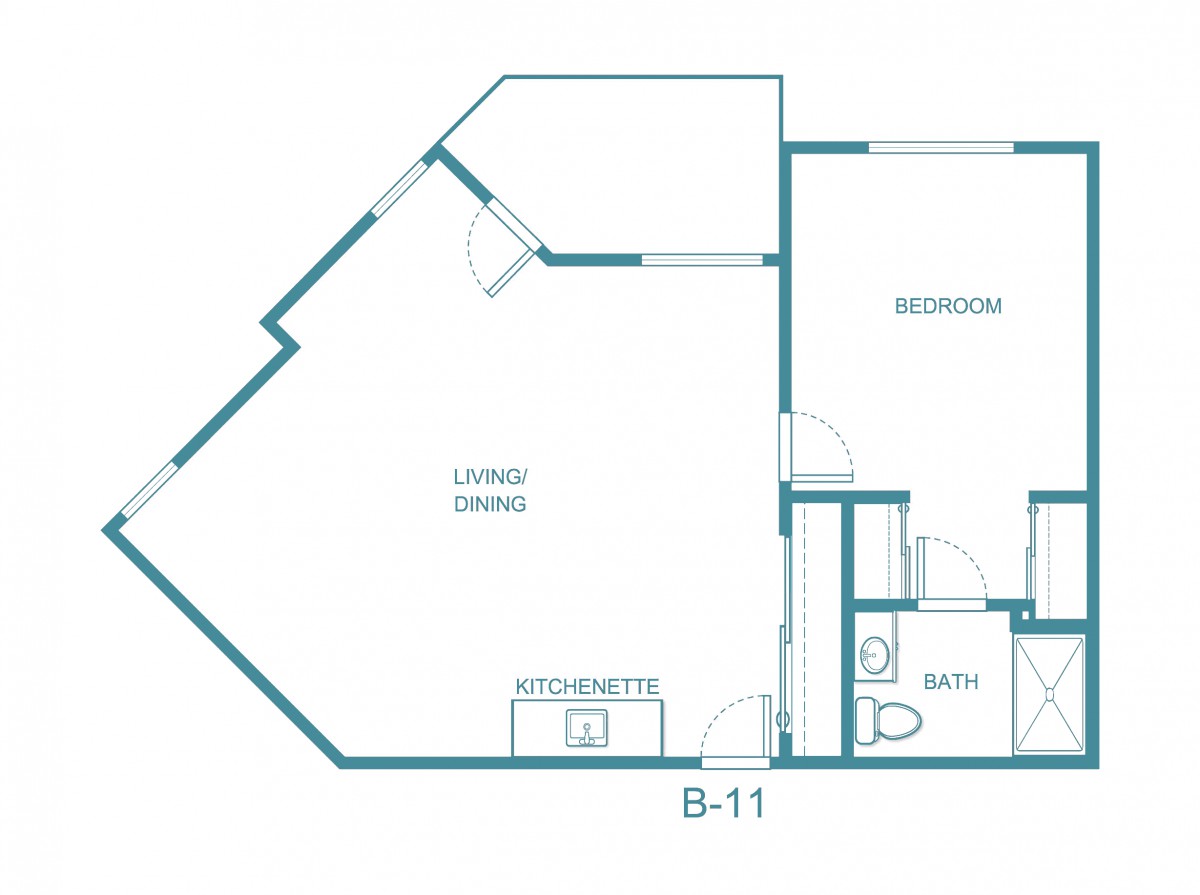 A floor plan depicting the layout of an apartment, including a living/dining area, kitchen, bedroom, and bathroom.
