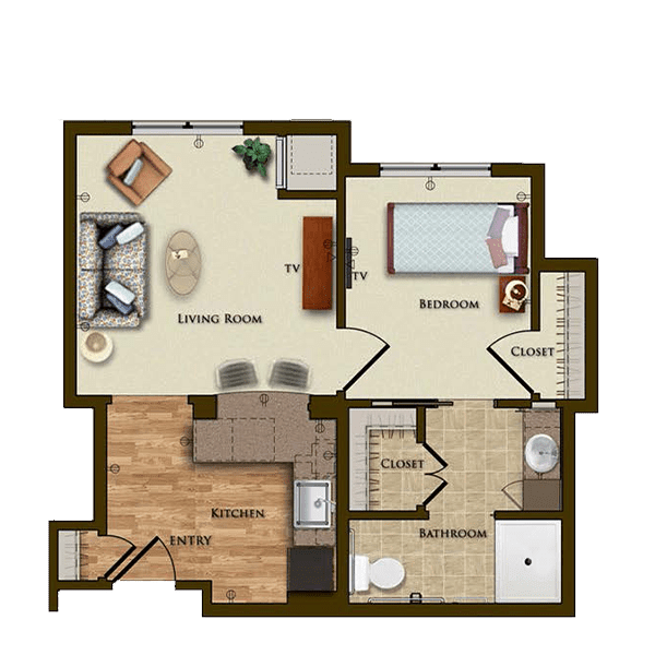 A floor plan of a one-bedroom apartment featuring a living room, kitchen, bathroom, and closet.