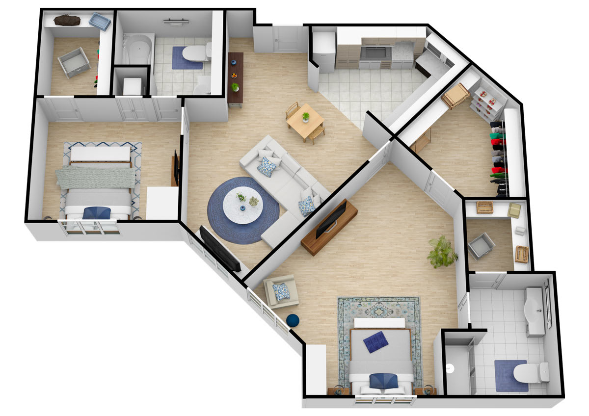 A 3D floor plan showcasing a modern apartment layout with two bedrooms, a living room, kitchen, and bathrooms.