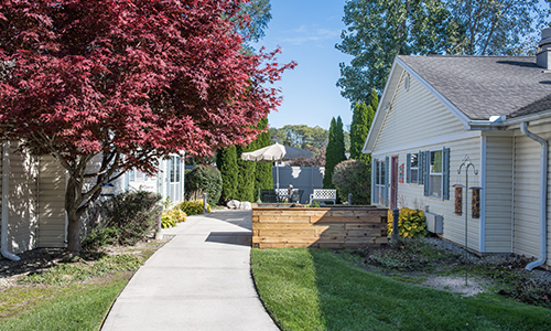 A peaceful residential area with a sidewalk lined by trees and houses.