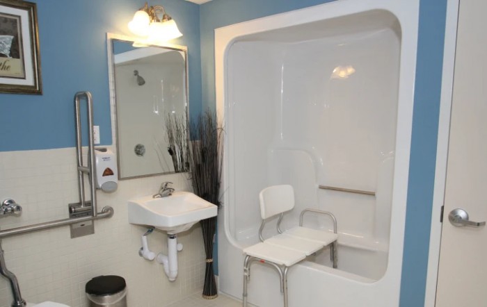 An accessible bathroom with a walk-in shower, equipped with a chair and grab bar.