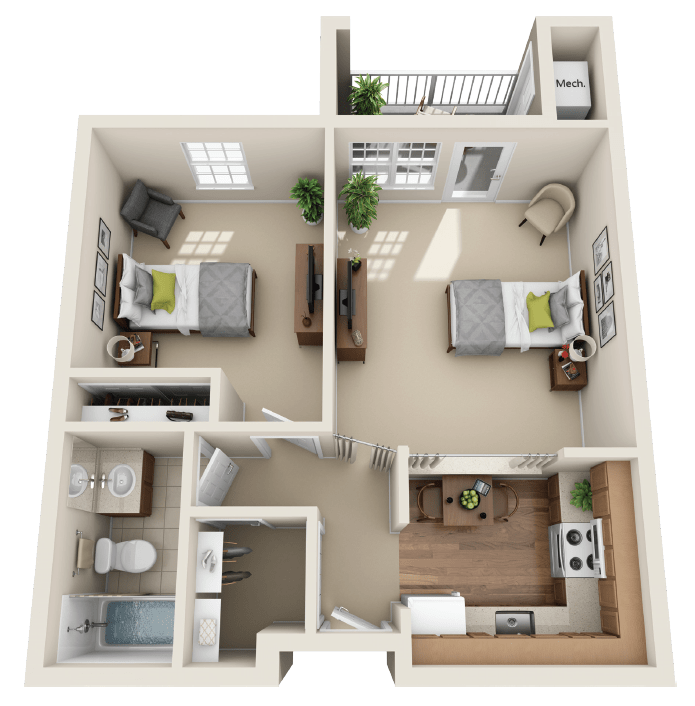 A 3D floor plan of a two-bedroom apartment with a kitchen and bathroom.