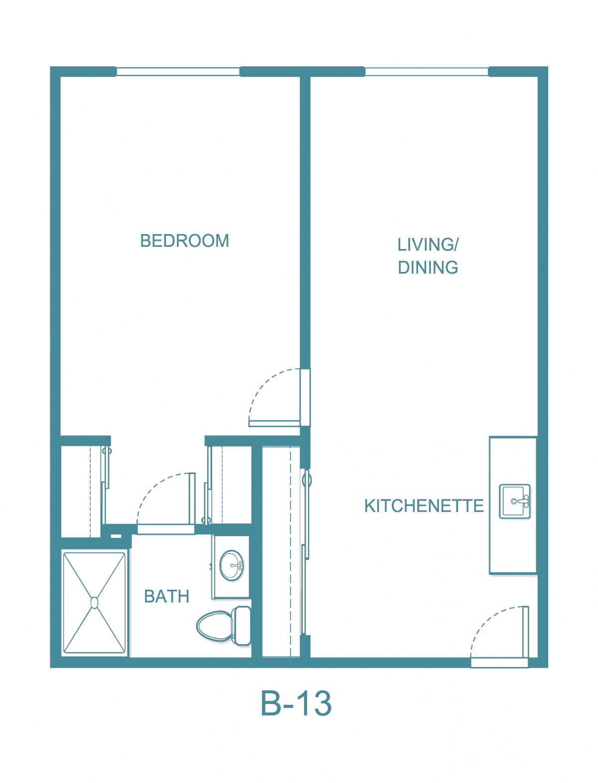 A simple floor plan of a one-bedroom apartment with a living/dining area, kitchenette, and bathroom.