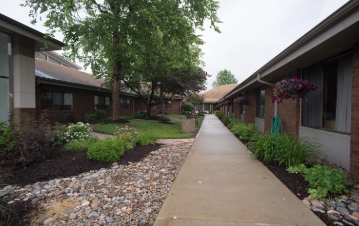 A landscaped sidewalk between buildings with lush greenery and trees.