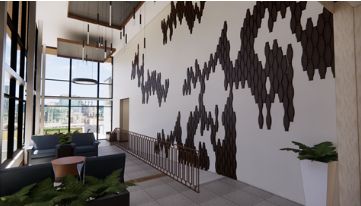 A modern lobby featuring unique wooden wall art and contemporary lighting.