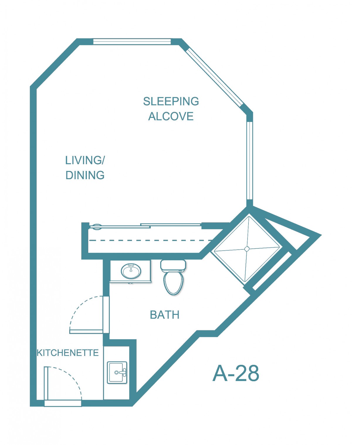 This image shows a floor plan for a studio apartment, featuring areas for living/dining, a sleeping alcove, kitchenette, and bathroom.