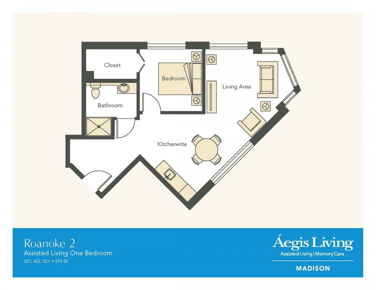 Floor plan of a one-bedroom apartment with living area and bathroom.