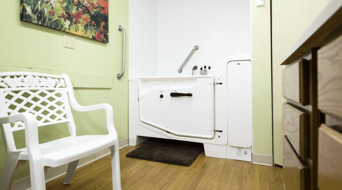 An accessible bathroom featuring a walk-in bathtub with grab bars for safety.
