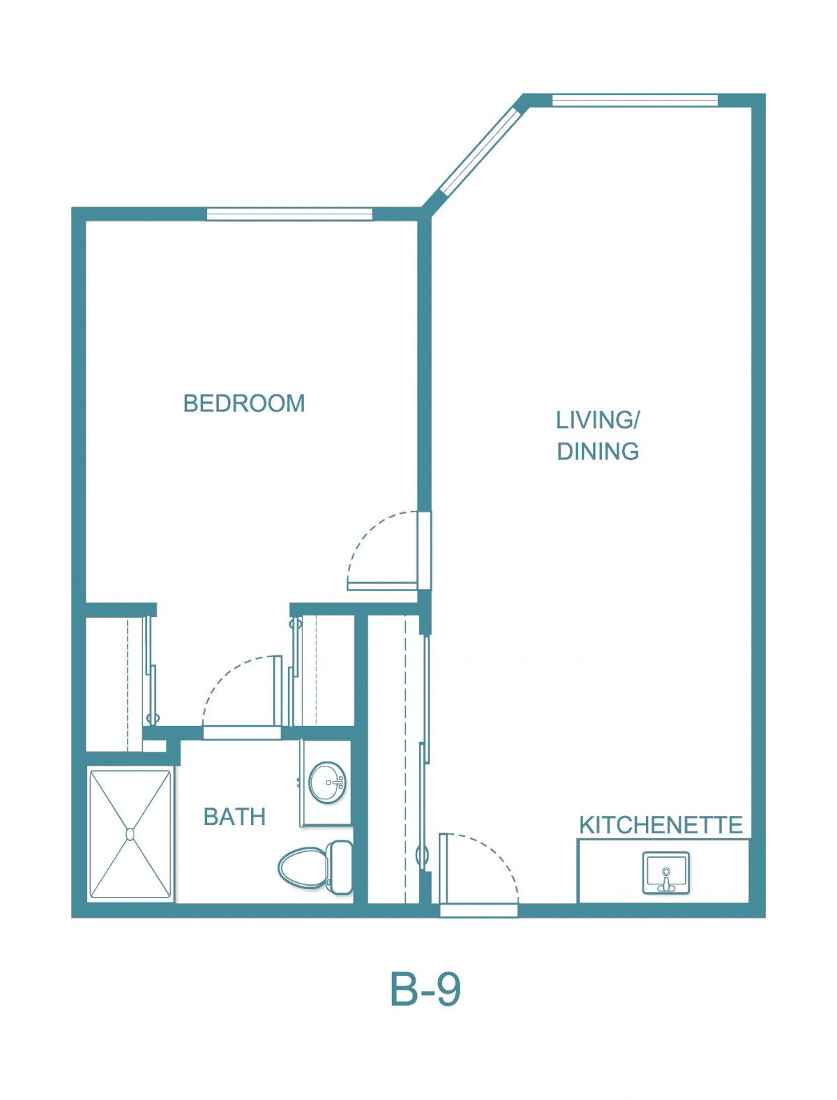 A simple one-bedroom apartment floor plan with a living/dining area, kitchen, bathroom, and bedroom.