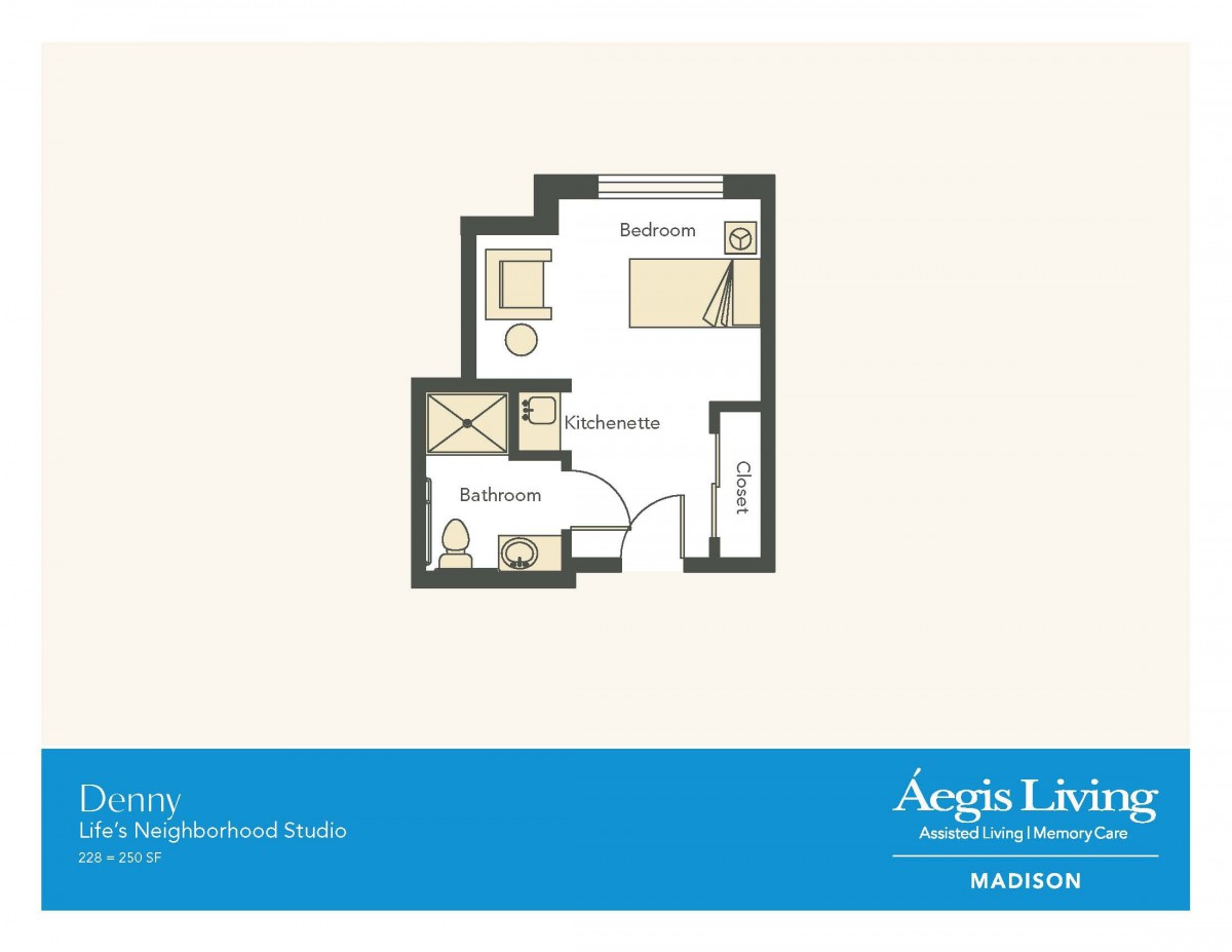 Studio apartment floor plan with labeled rooms.