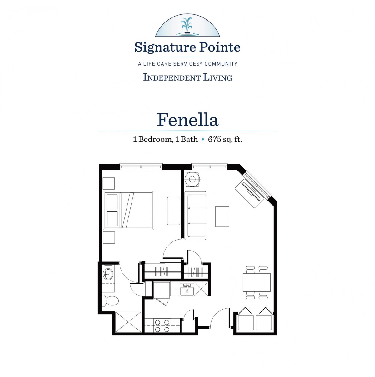 Floor plan of a one-bedroom apartment named 'Fenella' at Signature Pointe.