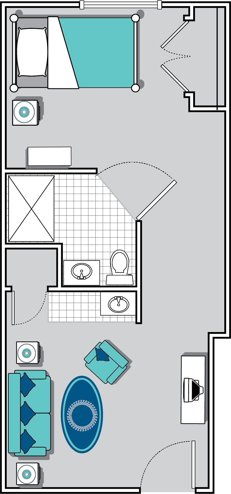 Floor plan of a bathroom featuring a shower, dual sinks, and a toilet.
