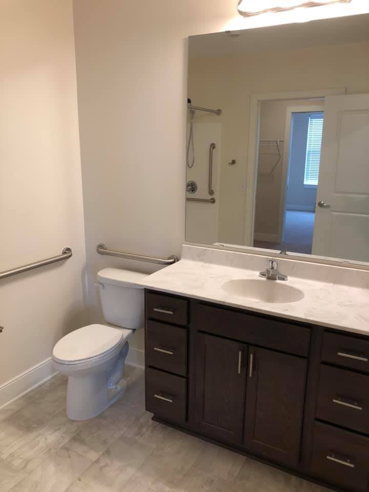 A modern bathroom featuring a vanity with a sink, a toilet with safety grab bars, and a large mirror.