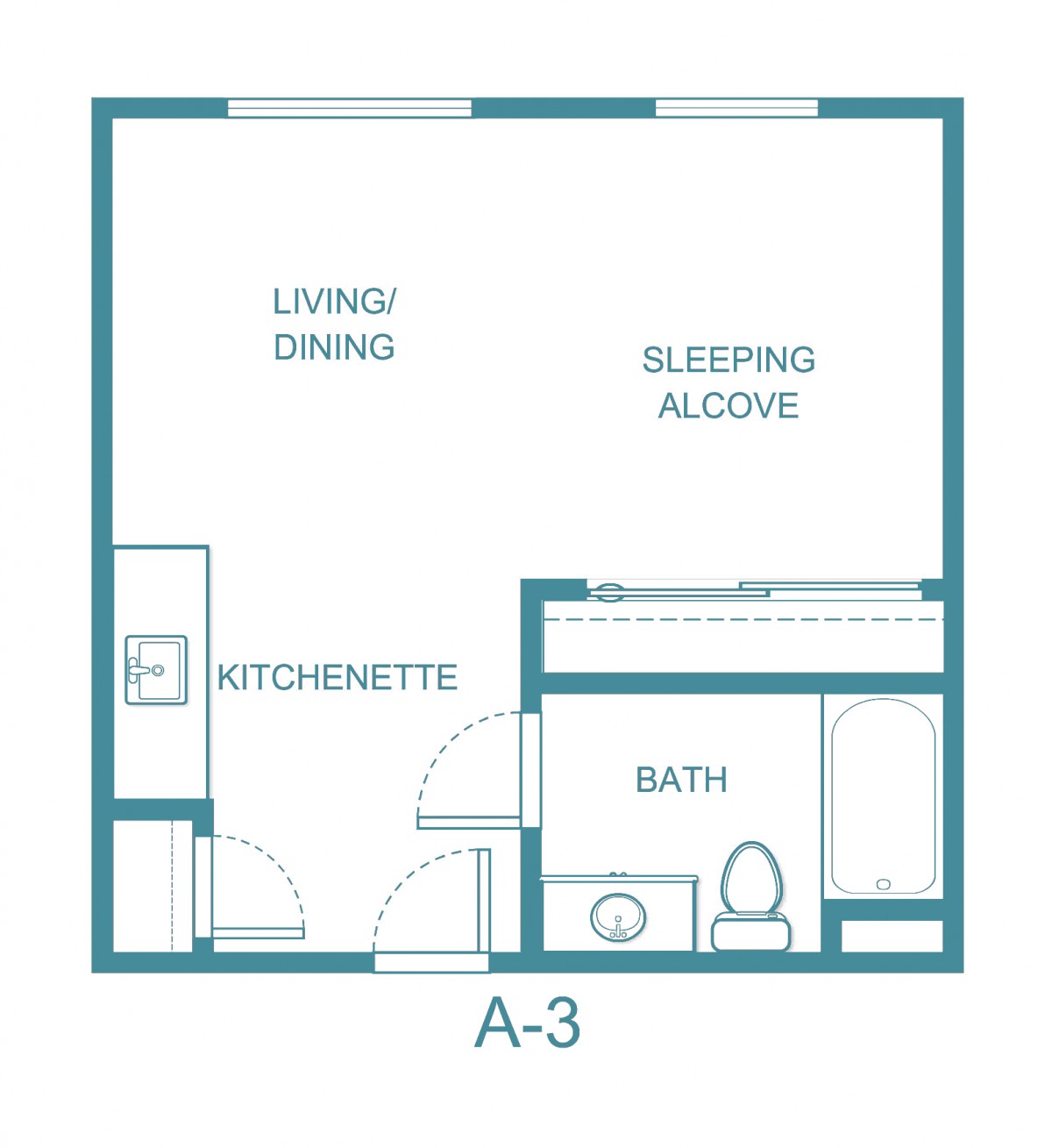 Studio apartment floor plan with living/dining, sleeping alcove, kitchenette, and bath.