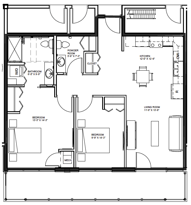 A floor plan of a two-bedroom apartment featuring a living room, kitchen, and bathroom.