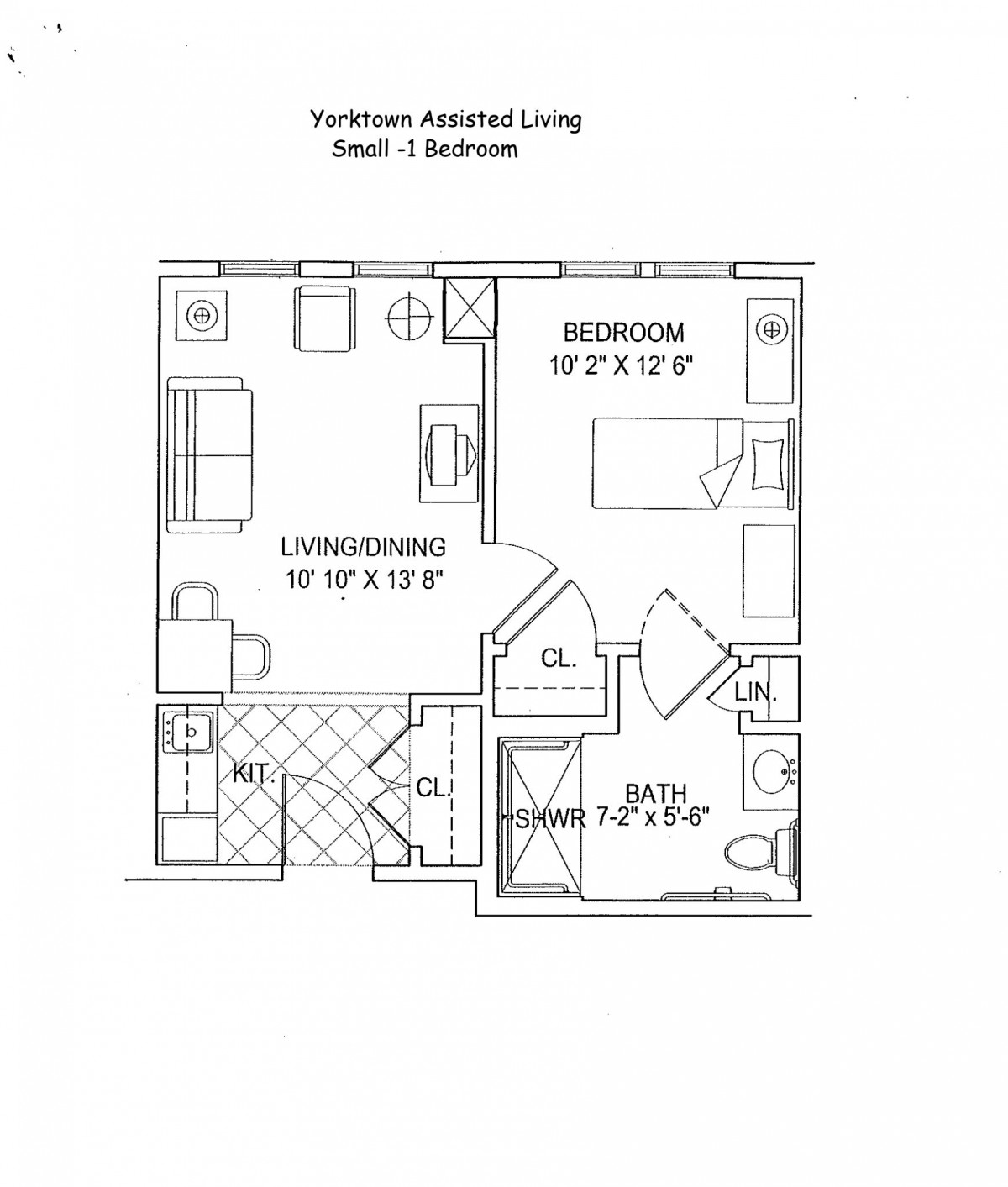 Floor plan of a one-bedroom assisted living apartment with a living/dining area, bathroom, and kitchen.
