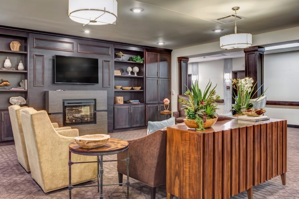 A modern living room with a fireplace, TV, and stylish decor.