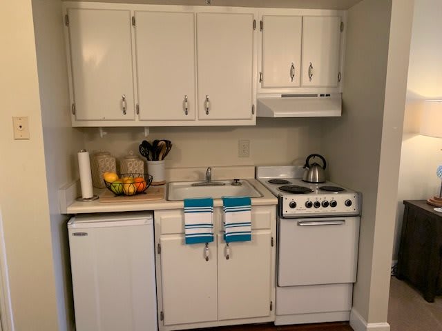 A cozy kitchenette with essential appliances and compact design.