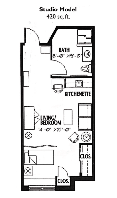 Floor plan of a studio apartment with a kitchenette, living/bedroom area, and bathroom.