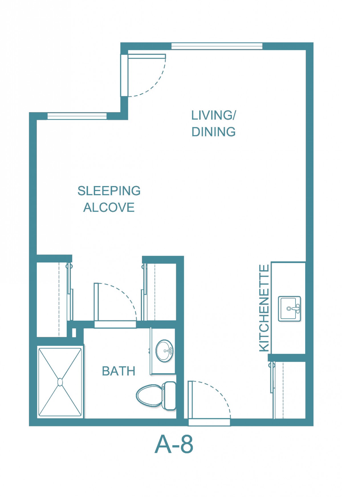 A floor plan of a studio apartment featuring a sleeping alcove, bathroom, kitchenette, and a combined living/dining area.