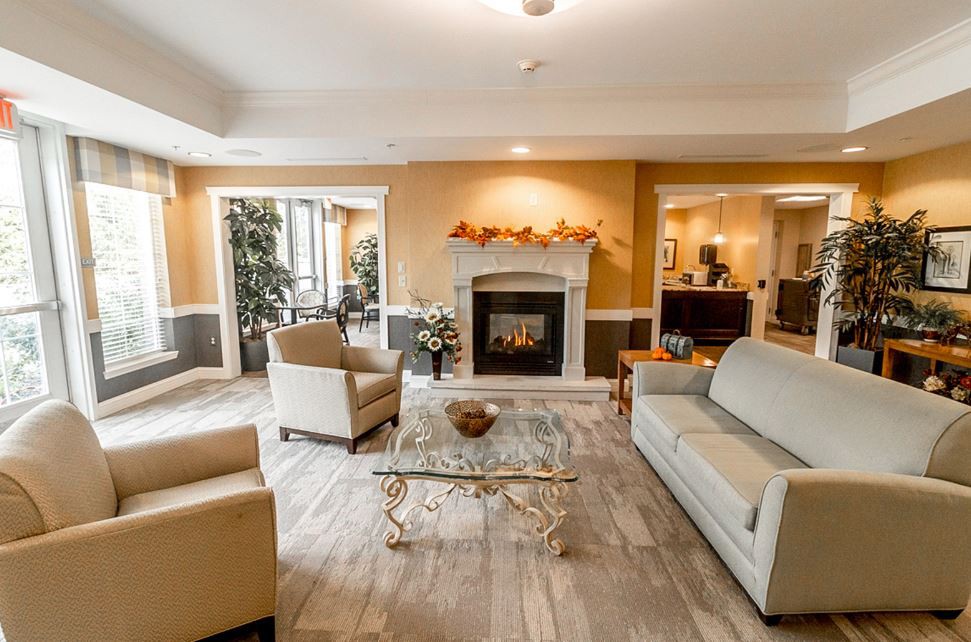 A cozy living room featuring a fireplace, elegant seating, and modern decor.