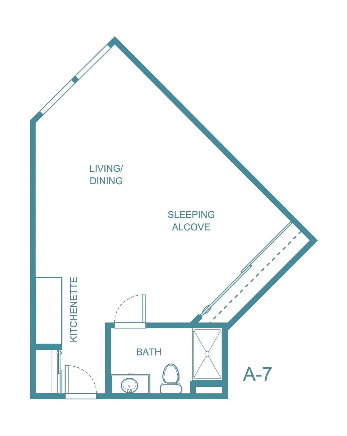 A floor plan of a small apartment with designated living/dining area, sleeping alcove, and bathroom.