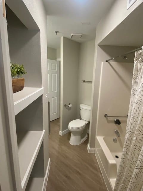 A small bathroom with modern amenities and a potted plant on the shelf.