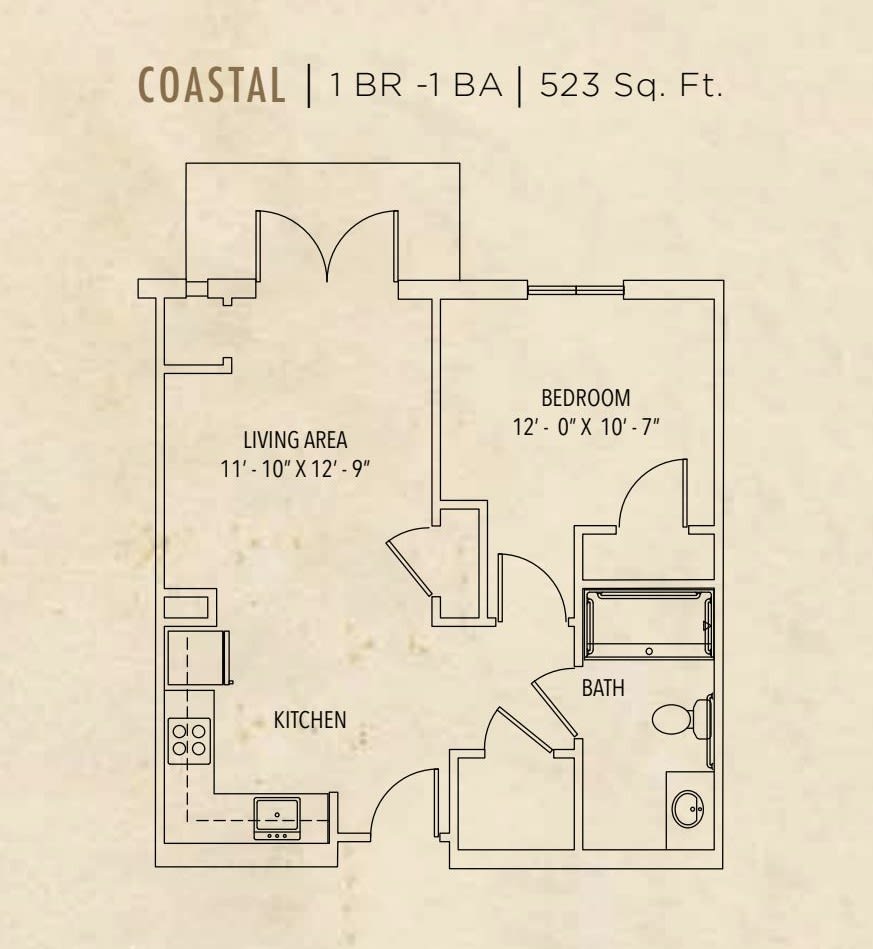 Coastal floor plan: 1 bedroom, 1 bathroom apartment layout with a total area of 523 square feet.