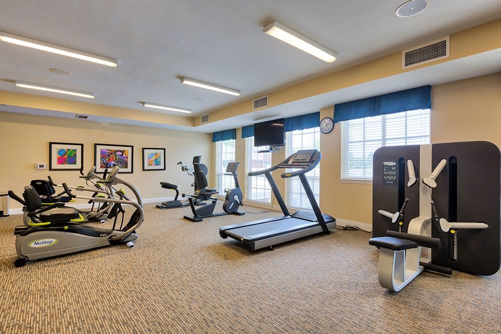 A well-equipped gym with exercise machines and cardio equipment.
