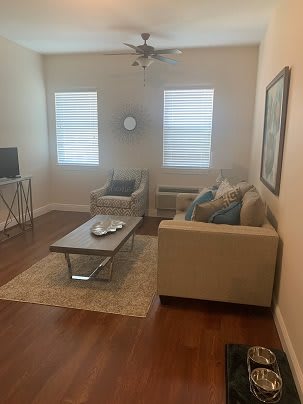 A cozy living room with modern decor and furniture.
