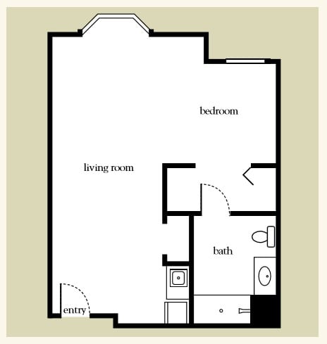 A floor plan showing the layout of an apartment with a living room, bedroom, and bathroom.
