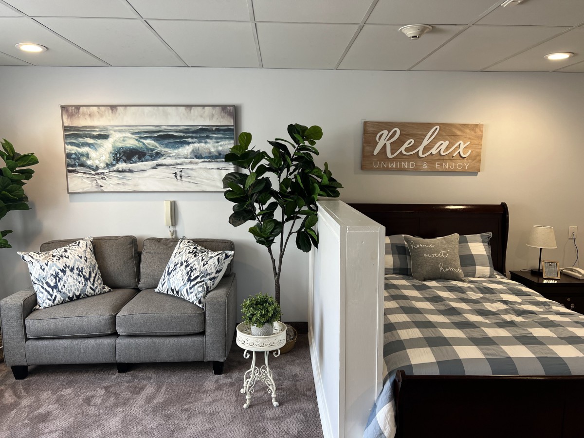A cozy interior space featuring a sofa and bed, with decorative artwork and an indoor plant.