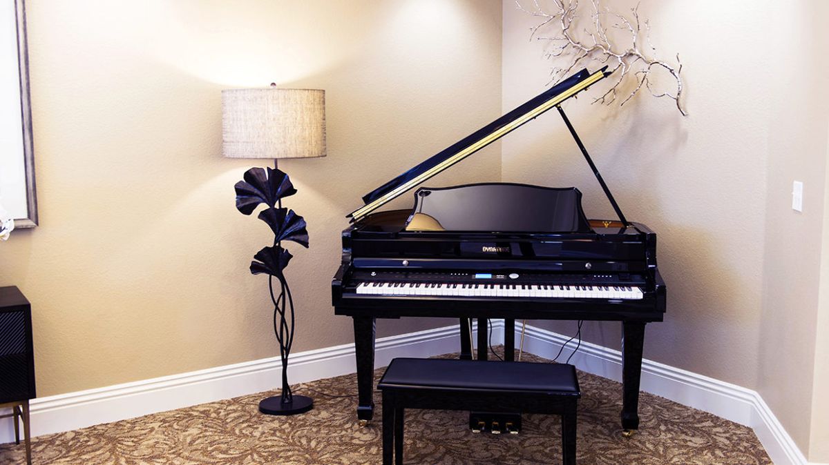 A grand piano in a well-decorated music room with a stylish lamp.