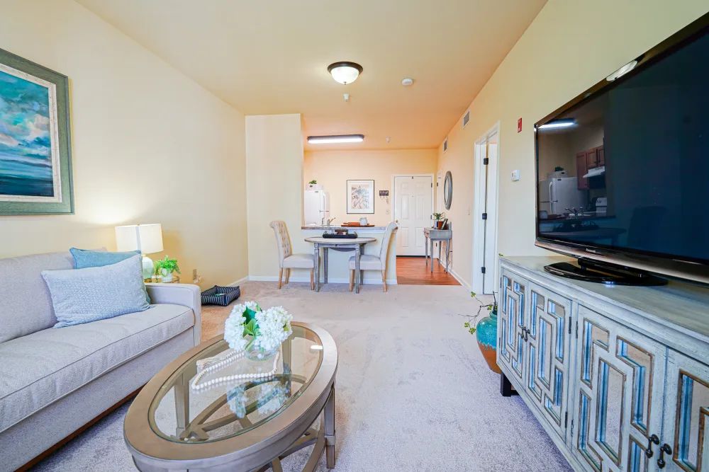 A bright and spacious living room with a dining area, featuring modern furniture and decor.