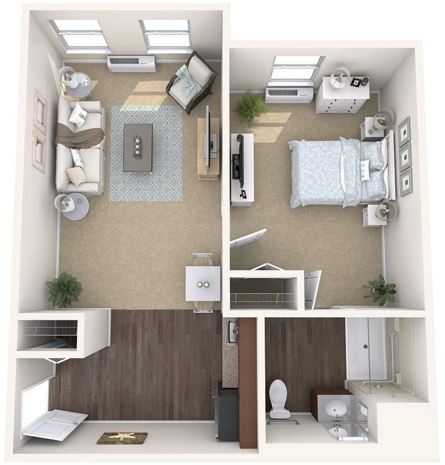 A top view of a modern one-bedroom apartment floor plan, featuring a living room, bedroom, kitchen area, and bathroom.