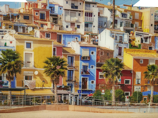 A vibrant display of colorful buildings along the coastline, enhanced by palm trees and a sunny atmosphere.