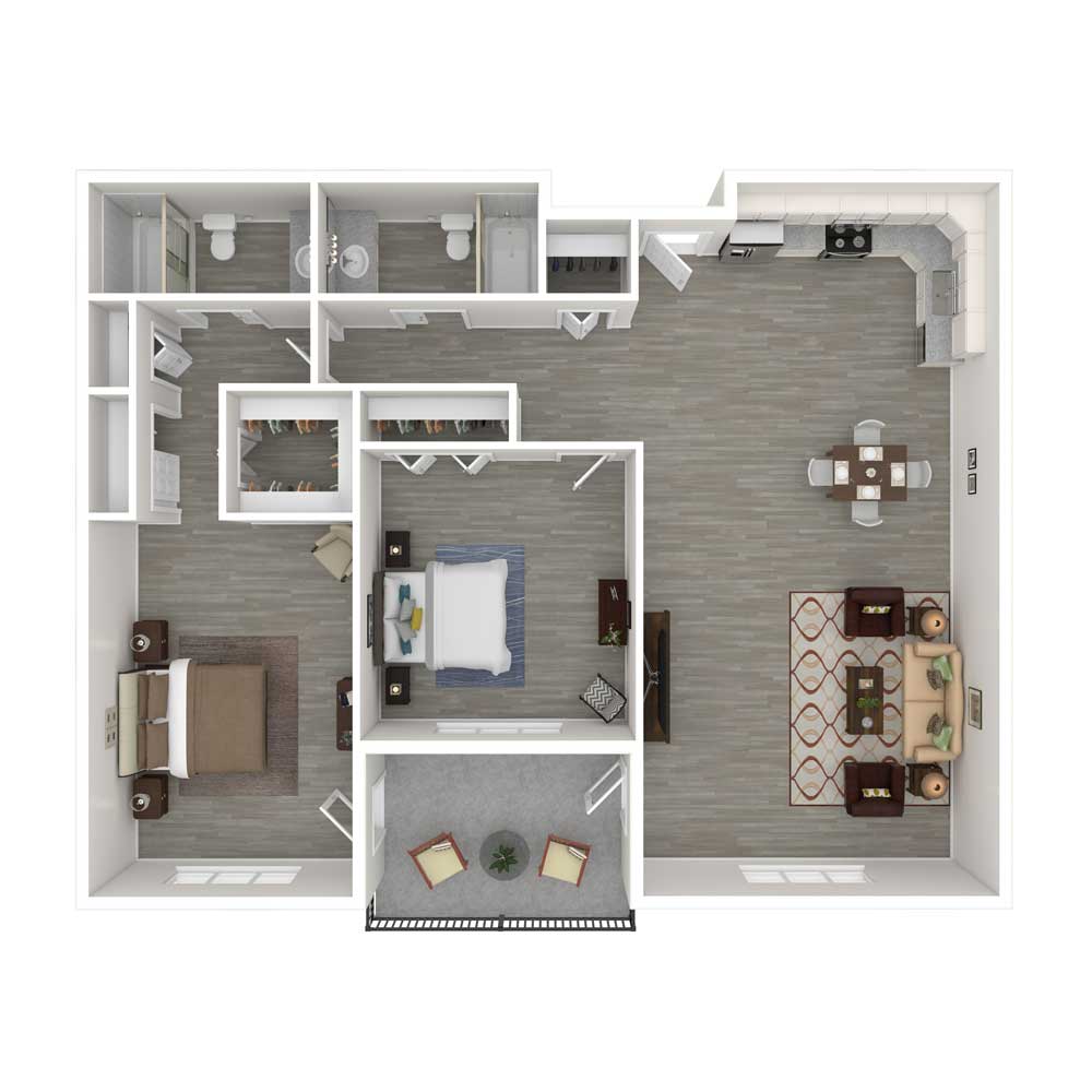 A detailed floor plan of a one-bedroom apartment showcasing furniture placement and room layout.