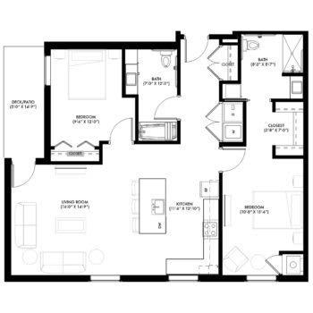 A floor plan of a modern apartment featuring two bedrooms, a kitchen, and a living room.