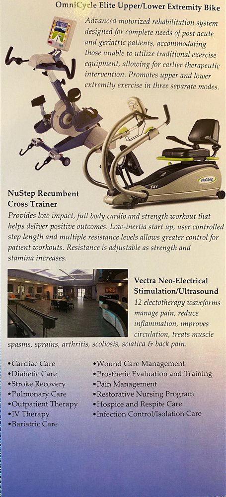 A brochure page showcasing a NeStep Recumbent Cross Trainer and Non-Electrical Stimulation/Ultrasound therapy services, highlighting benefits for low impact exercise and pain management.