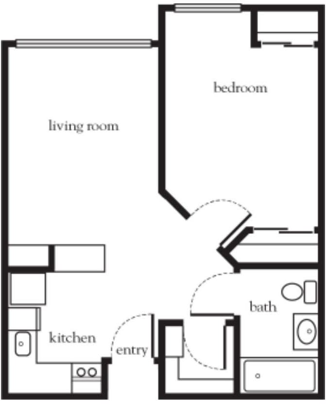 A floor plan of a one-bedroom apartment featuring a living room, kitchen, bathroom, and entryway.