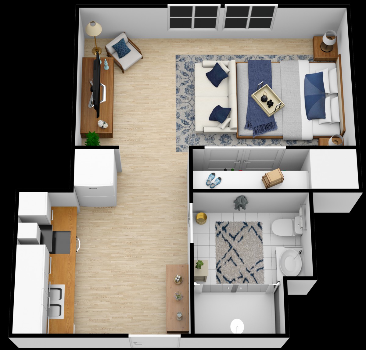 A 3D floor plan of a one-bedroom apartment featuring a bedroom, living area, kitchen, and bathroom.