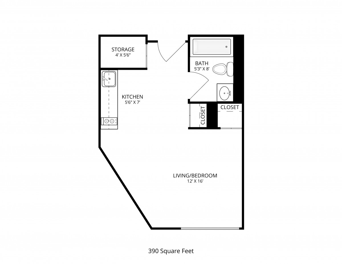 Studio apartment floor plan with a bathroom, kitchen, and living area totaling 393 square feet.