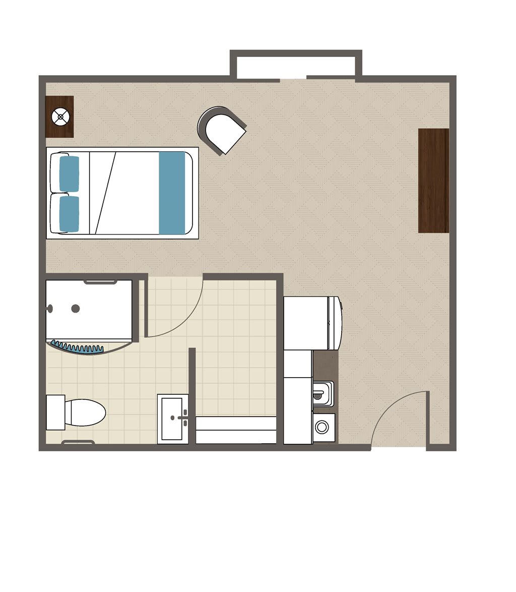 A floor plan of a studio apartment featuring a bedroom, bathroom, and kitchen area.
