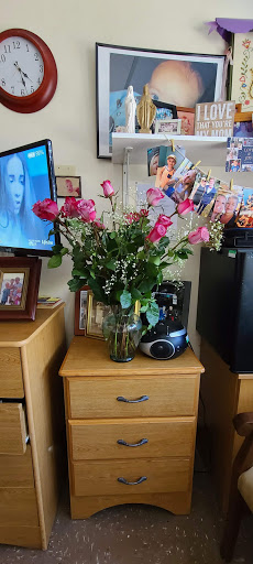A vibrant bouquet of pink roses displayed in a vase next to a television and framed photographs.